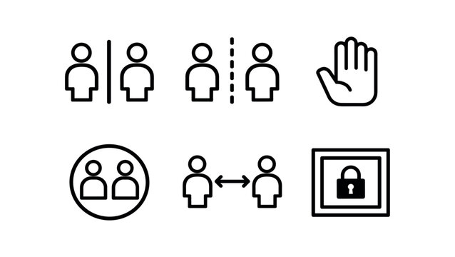 Social distancing and privacy icon set. separation, partition, stop hand, group, distance, locked frame. line vector icon set.