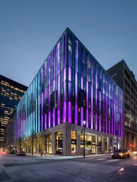Modern office building with vibrant purple and blue LED facade lighting at night. Contemporary urban architecture in a city business district with street lights and car motion blur