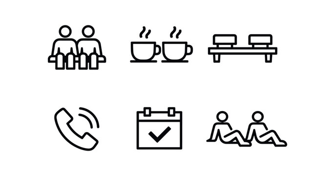 Social break and meeting icon set. shared coffee, bench seating, phone call, calendar schedule, relaxation symbols. line vector illustration.