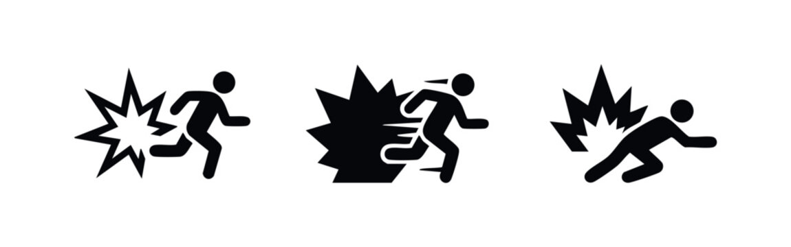 Minimalist black icons showing figures running and escaping from explosions. Ideal for emergency evacuation and safety sign design.