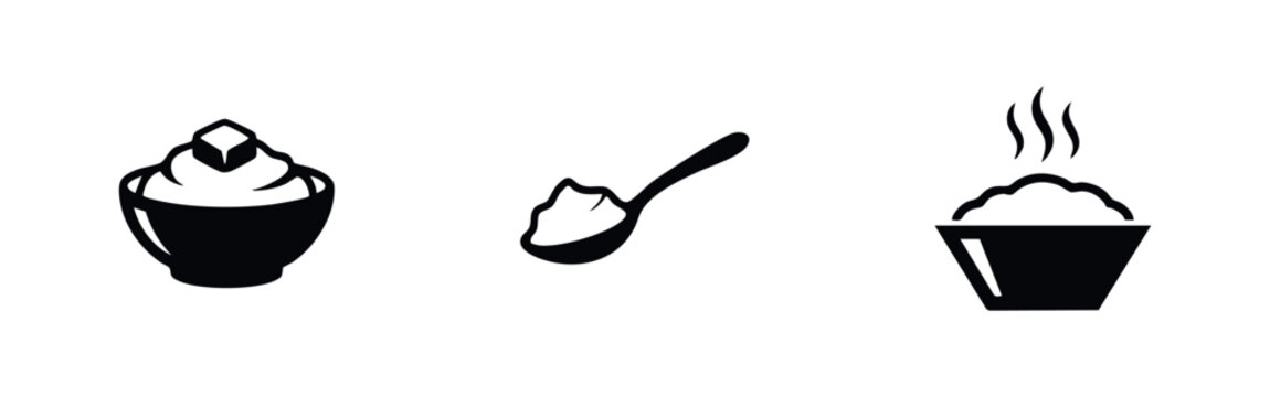 Set of black minimalist icons featuring a bowl of mashed potatoes with butter, a spoonful of food, and a steaming bowl of hot porridge or rice.