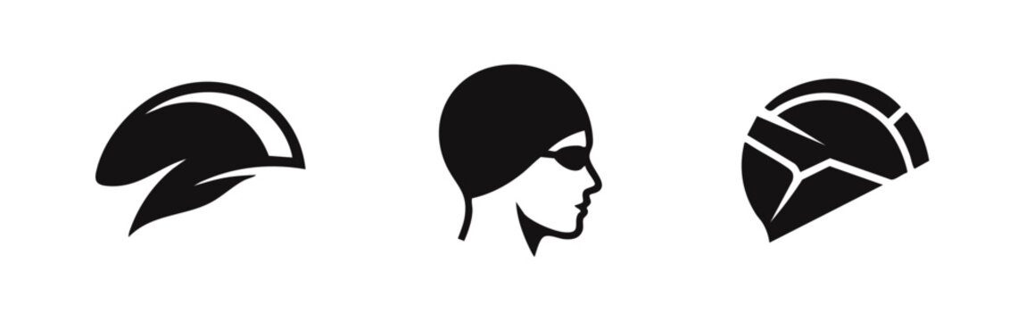 Minimalist black icons representing triathlon disciplines: a cycling helmet, a swimmer with goggles, and a running shoe, isolated on white background.