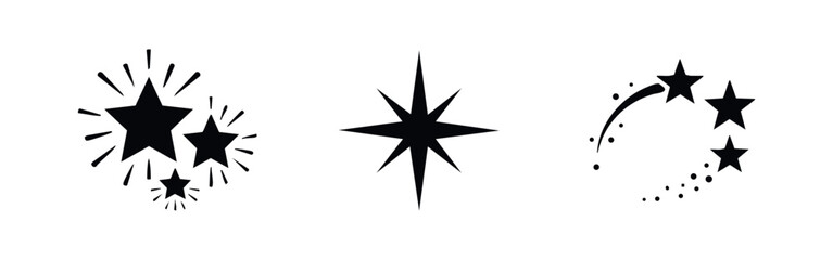 Obraz premium Set of minimalist black star icons including sparkling stars, a north star, and a shooting star, isolated on a white background for design elements.