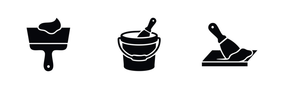 Set of three black minimalist icons illustrating wall repair: a putty knife with plaster, a bucket of filler, and a spatula smoothing a surface.