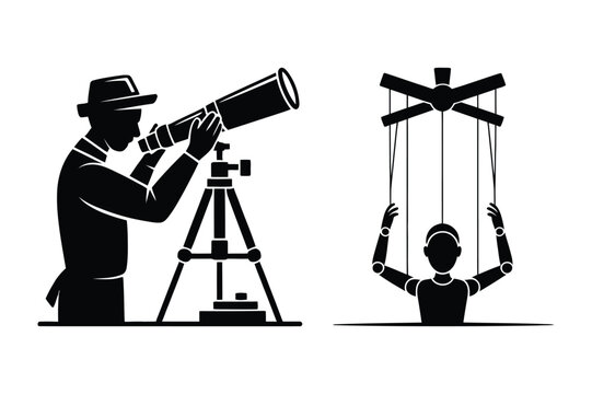 Man with telescope and puppet master controlling marionette telescope operator