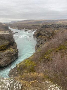Barnafoss River Canyon in Iceland with Flowing Water and Scenic Viewpoint