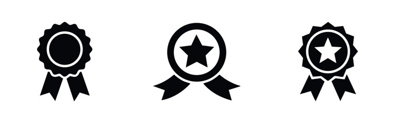 Set of three black award ribbon icons featuring stars and circular badges, representing achievement, quality certification, and success. © Lili