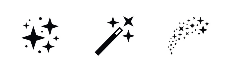 Set of minimalist black magic wand, sparkle, and star trail icons on a white background. Perfect for fantasy, cleaning, and enchanting designs. © Lili