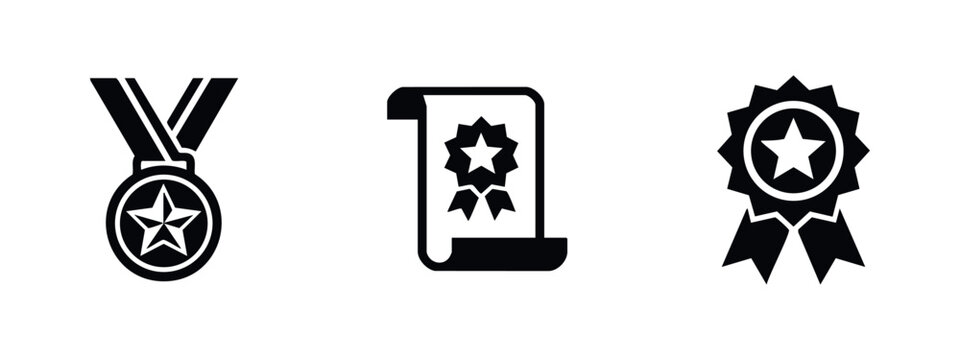 Achievement and award icon set featuring a star medal, a certificate scroll, and a prize ribbon in a minimalist black and white flat style.