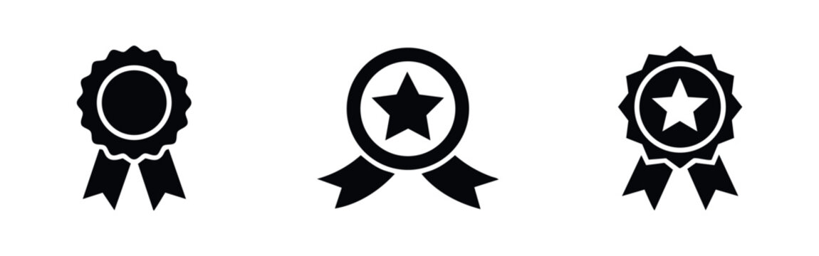 Set of three black award ribbon icons featuring stars and circular badges, representing achievement, quality certification, and success.