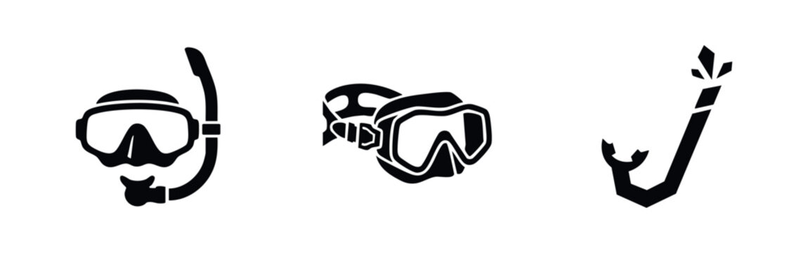 Set of black diving and snorkeling equipment icons featuring goggles and snorkels for underwater swimming and scuba diving adventures.