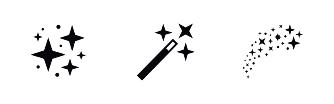 Set of minimalist black magic wand, sparkle, and star trail icons on a white background. Perfect for fantasy, cleaning, and enchanting designs.
