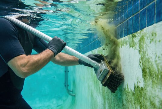 Diver hands wearing neoprene gloves using a stiff brush to scrub green algae off the wall of an underwater pool