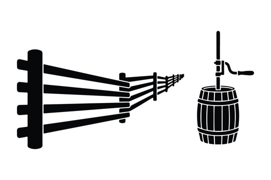 Rustic wooden fence and butter churn illustration with traditional, agriculture