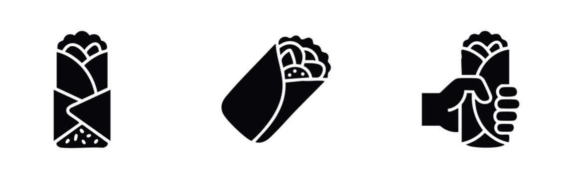 Set of minimalist black icons representing burritos and wraps, including a hand holding a wrap, ideal for food menus, web design, and mobile apps.