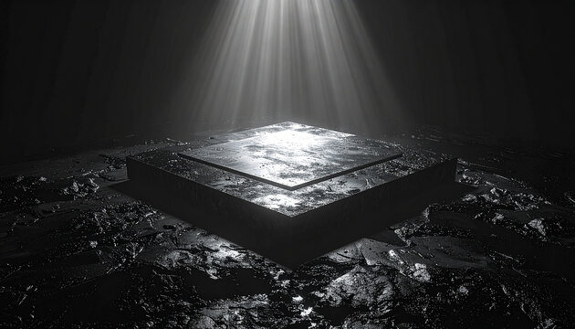 Mysterious Stone Podium: A striking stone podium stands illuminated by a celestial light, emanating an aura of mystery. Awaiting a singular object and suggesting intrigue.