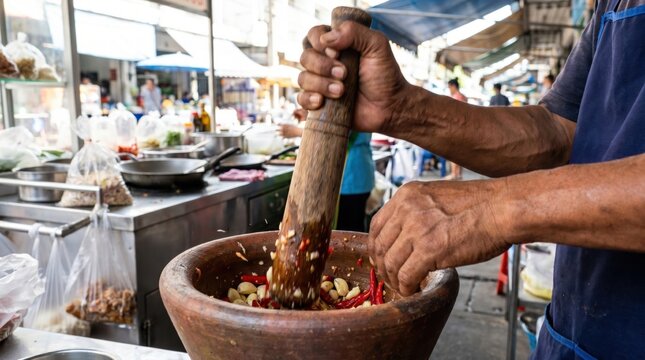 Street food vendor hands forcefully using a heavy wooden pestle to crush fiery red chilies and garlic in a large clay mortar