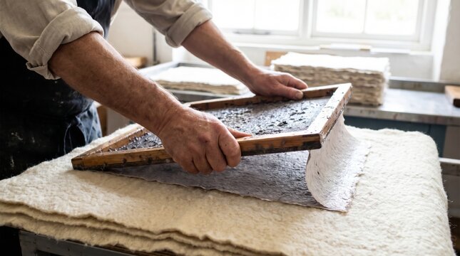 Craftsman hands carefully lifting the wooden deckle frame away from a freshly formed sheet of wet recycled grey paper on a felt blanket