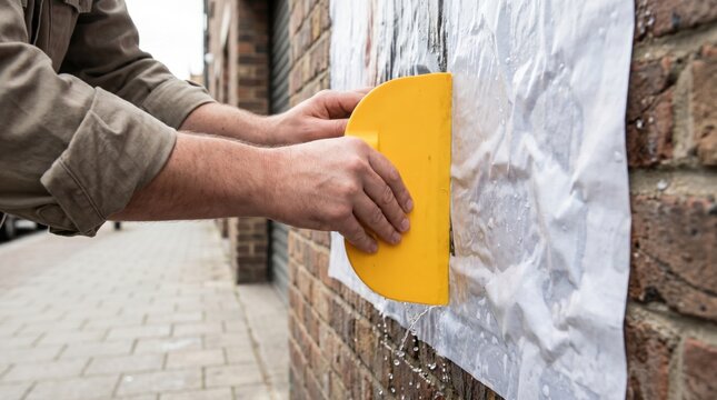 Street worker hands using a yellow plastic squeegee to firmly press and smooth a wet paper advertising poster onto a rough brick wall