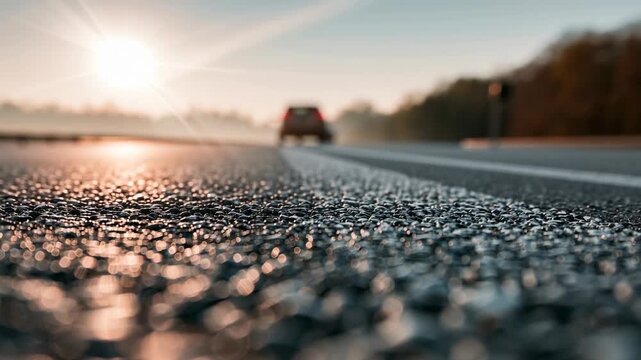 Low-angle close-up of asphalt road surface with blurred cars passing by during sunset. Concept for National Road Safety Week, transportation safety, and daily commuting on a high-speed highway.