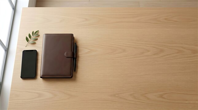  Minimalist professional workspace flat lay with smartphone and leather notebook.
