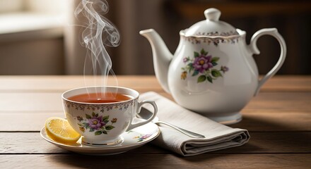 Fototapeta premium Steaming Floral Tea Cup with Porcelain Teapot on Rustic Wooden Table