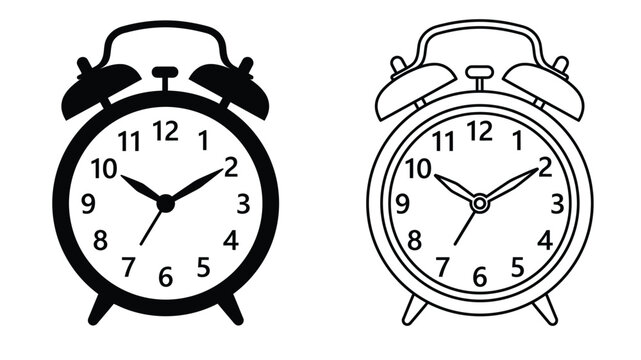 Alarm clock silhouettes on a white background two views