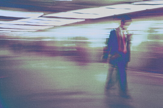 man walking on the street half tone vintage poster salaryman looking at the phone motion blur