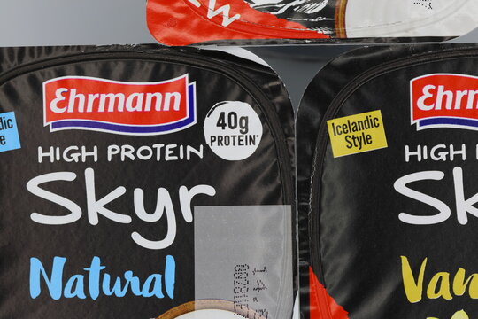 Skyr food high protein yoghurt. From Iceland and Ehrmann. Above angle photo.