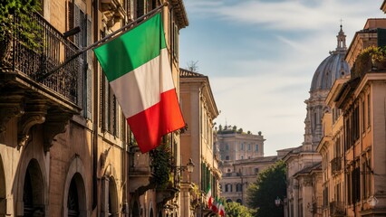 A Beautiful Italian Flag Waves in the Breeze Against a Backdrop of Historic Architecture Under a Clear Blue Sky