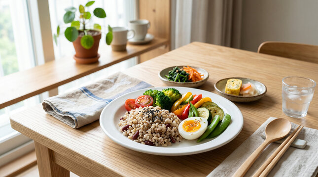 Healthy Korean Style Meal Plate with Mixed Grains and Vegetables