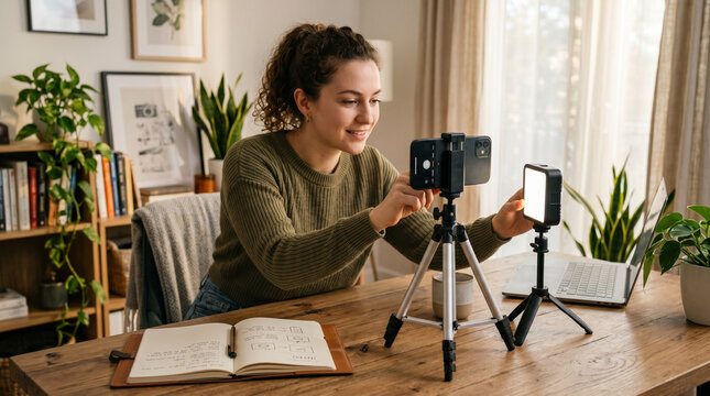 Female Content Creator Setting Up Smartphone Video Recording at Home