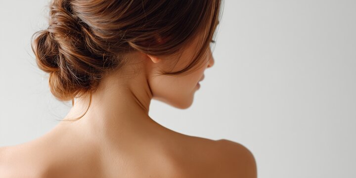 女性のうなじと肩の後ろ姿。美容やヘアケア、スキンケアのイメージ素材