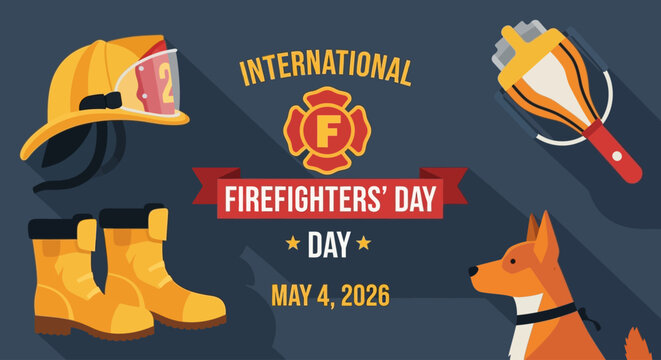 international firefighters day celebration with gear and dalmatian vector illustration