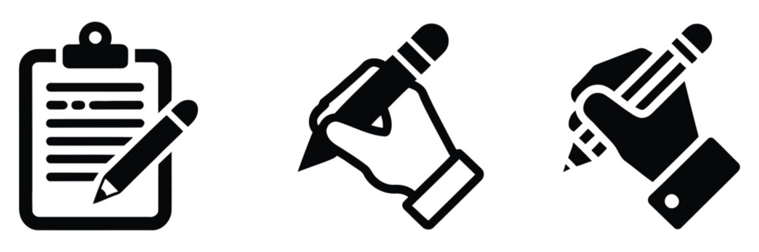 Clipboard and pencil writing icons featuring hand holding pencil, note taking, checklist, and documentation symbols