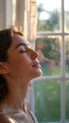Fototapeta premium Peaceful woman enjoying warm sunlight by window with closed eyes and calm relaxing atmosphere at home