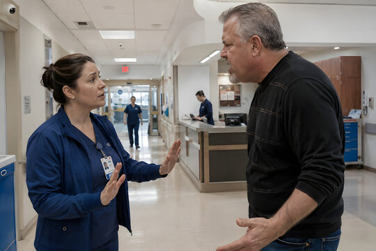 Female healthcare worker calming aggressive hospital visitor in emergency corridor, emotional conflict resolution scene with realistic medical environment and natural human interaction.