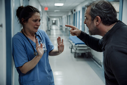 Exhausted nurse defending herself from aggressive patient in hospital corridor, emotional healthcare conflict, workplace violence, emergency stress, realistic medical scene.
