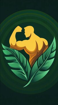 A digital illustration of a muscular male figure flexing his arms in the center of a shield symbol with a leafy border and intricate patterns, on a dark background.