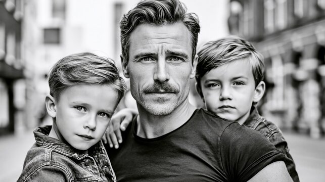 Black and white portrait of a father with two sons on a city street
