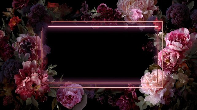 暗い背景にピンクのネオンフレームと色とりどりの花が配置されている。高級感のあるデザインや招待状の背景に最適な装飾素材。