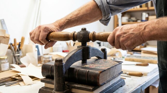 Bookbinder tightening a heavy antique cast iron press to bind a vintage book