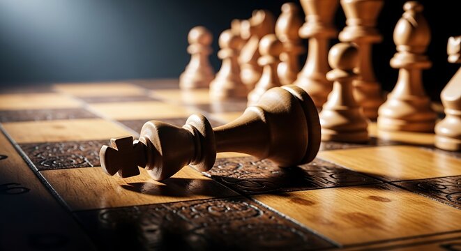 A fallen queen chess piece on a wooden chessboard with other pieces in the background