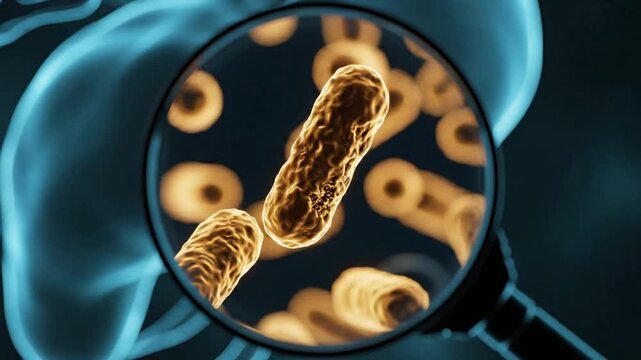Microscopic view of bacteria cells through magnifying glass, scientific research analysis of pathogens and microorganisms in laboratory setting