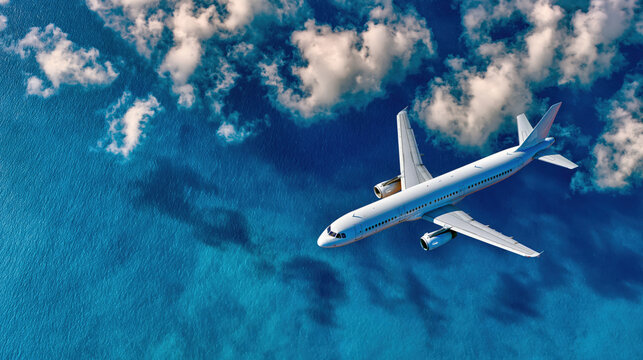 Aerial view of a commercial airplane flying over blue tropical ocean water