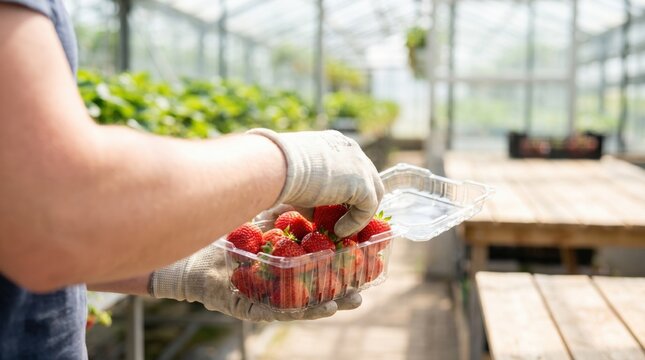 Farm worker in gloves placing freshly picked ripe red strawberries into a clear plastic clamshell container
