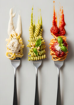 Three forks with pasta and different sauces