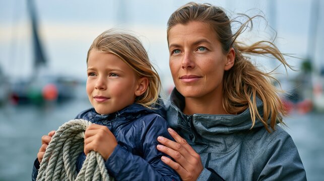 Portrait of a woman and young girl holding a nautical rope at a harbor with boats