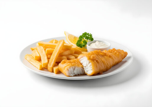 Classic fish and chips platter with tartar sauce and lemon wedge