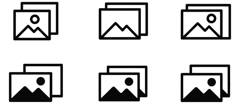 Photo album, image, and gallery icons set with add to photos icon representing picture upload, media organization